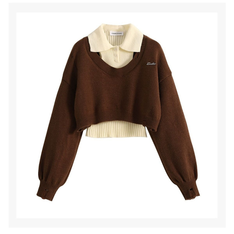 Collared polo long-sleeve knit sweater for women, college style, short slim-fit inner top, versatile two-piece sweater set Collared polo long-sleeve knit sweater for women, college style, short slim-fit inner top, versatile two-piece sweater set