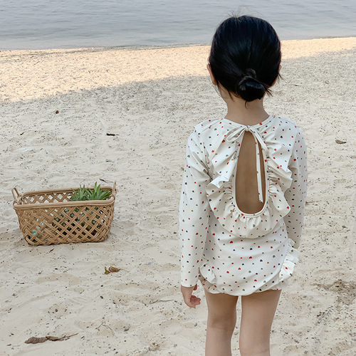 Children's swimsuit girl princess backless sun protection long-sleeved one-piece swimsuit girl vacation style sweet swimsuit Korean