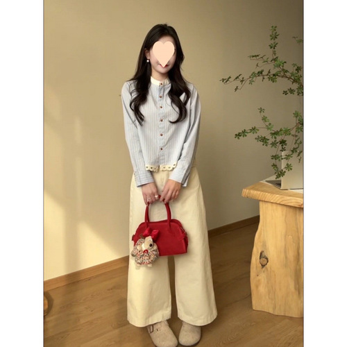 French Countryside Chic: Delicate, Fresh, Sweet, Heart-Shaped Hollowed Lace-Embroidered Striped Stand-Neck Shirt for Women – 2025 Spring/Summer