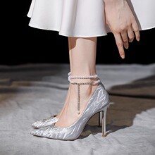 新娘婚鞋女主婚纱珍珠绑带银色高跟鞋不累脚细高跟仙蒂公主
