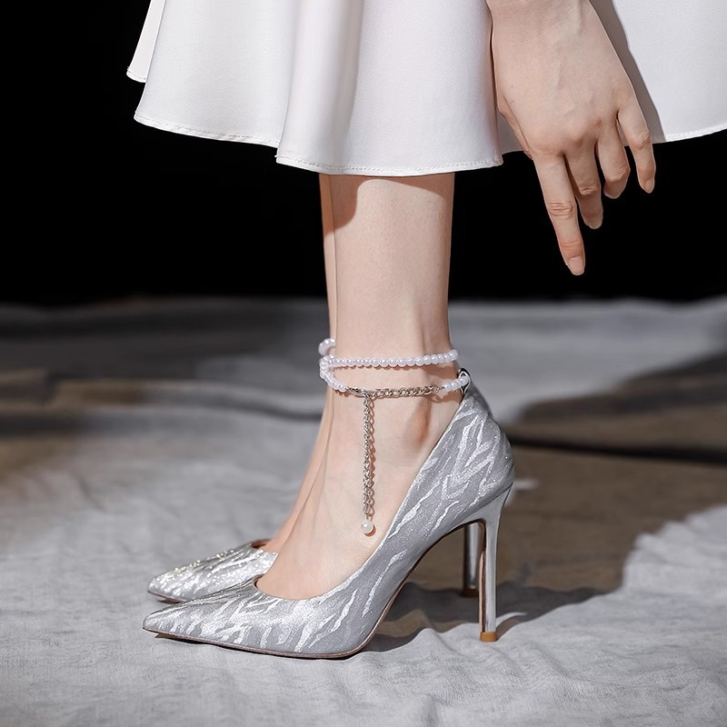 Bridal Wedding Shoes, Heroine's Wedding Dress, Pearl Straps, Silver High Heels, Not Tiring for Feet, Stiletto Heels, Princess Cinderella