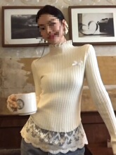 法式假两件蕾丝拼接半高领针织衫女春秋内搭蝴蝶结修身别致短上衣
