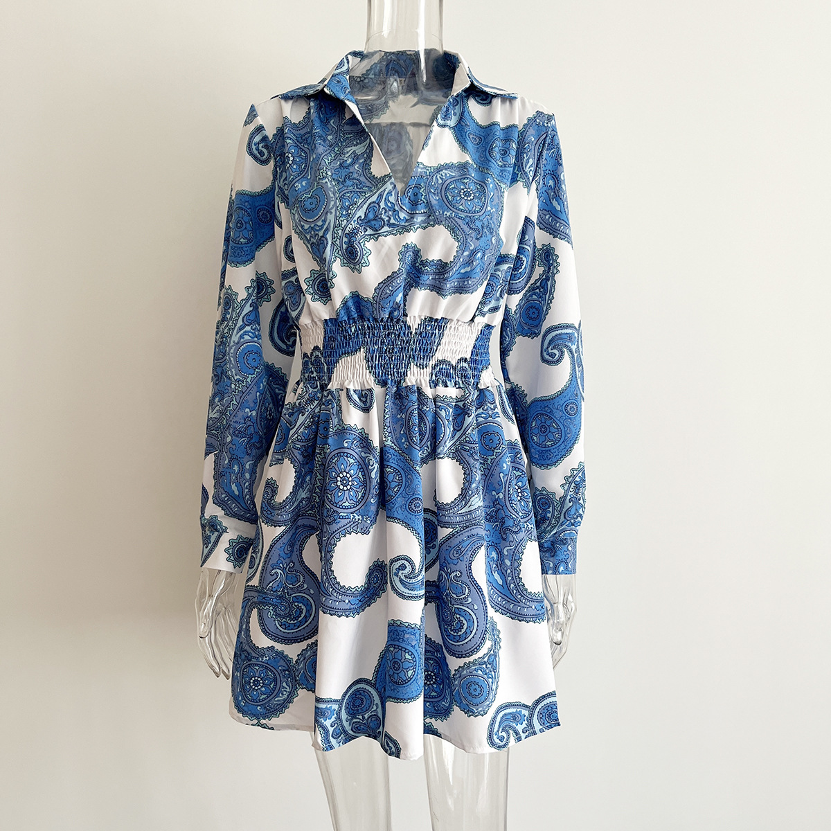 Paisley Pattern Blouse Collar Dress Women Smocking Waist Long Sleeve Spring Autumn Women Clothing