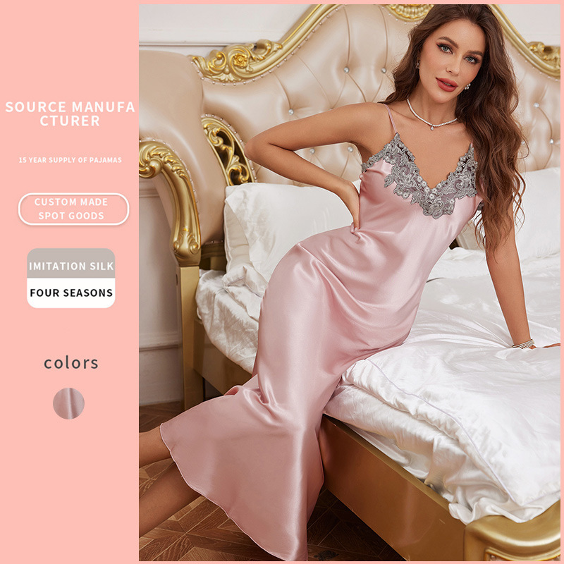 Cross-border Long Sling Nightgown Fashionable Sexy Thin Ice Silk Home Clothes Summer Silk Women's dress Cross-border Long Sling Nightgown Fashionable Sexy Thin Ice Silk Home Clothes Summer Silk Women's dress