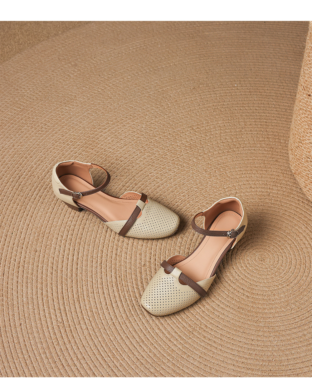 Sandal nữ da cừu mũi kín gót vuông quai ngang khóa một chữ — màu trắng ngà chi tiết 14