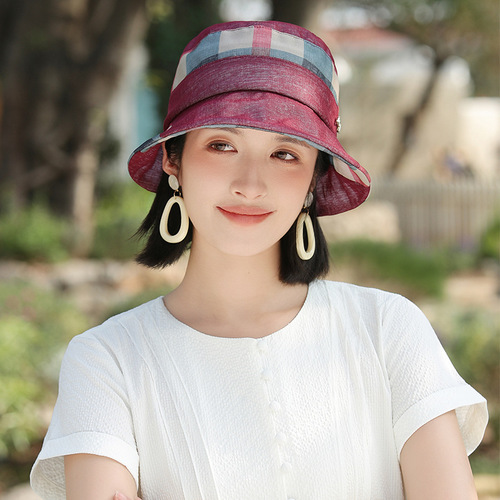 妈妈款春夏季渔夫帽户外出游时尚气质格子盆帽中老年遮阳防晒帽子