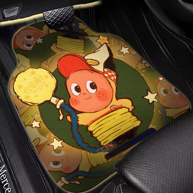 Retro cartoon-style, cute linen car floor mats: absorbent, non-slip, stain-resistant, dirt-repellent, easy to clean, and suitable for all car models