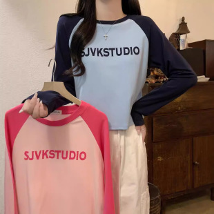 Spring and Autumn New American Style Retro Raglan Sleeve Contrast Color Top Women's Printed Inner Base Shirt Slim-fit Long-sleeved T-shirt for Women