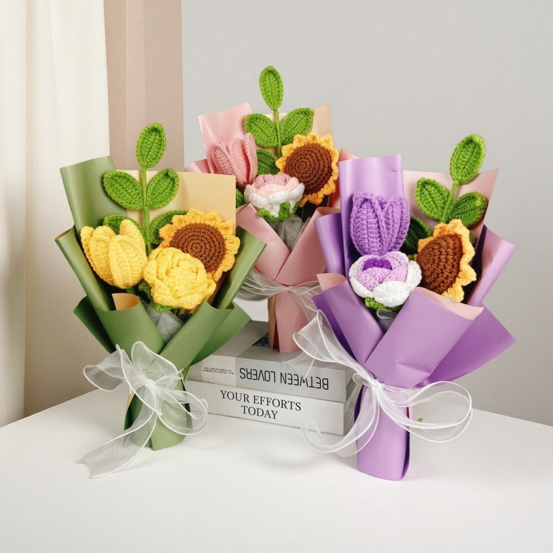 Ramo de Navidad transfronterizo, hilo de lana de crochet a mano, hilo de lana de tulipán, adornos de flores de punto, regalos a mano