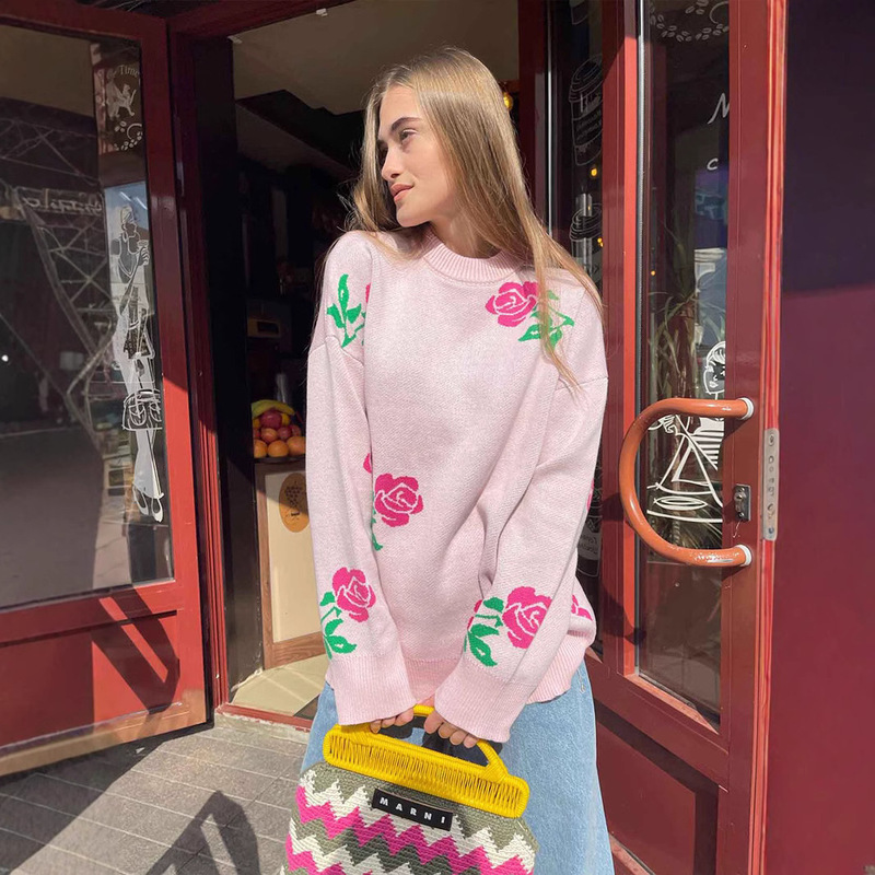 Cross-Border Round Neck Rose Print Sweater European and American Autumn and Winter Versatile Loose Pullover Women's Slimming Design