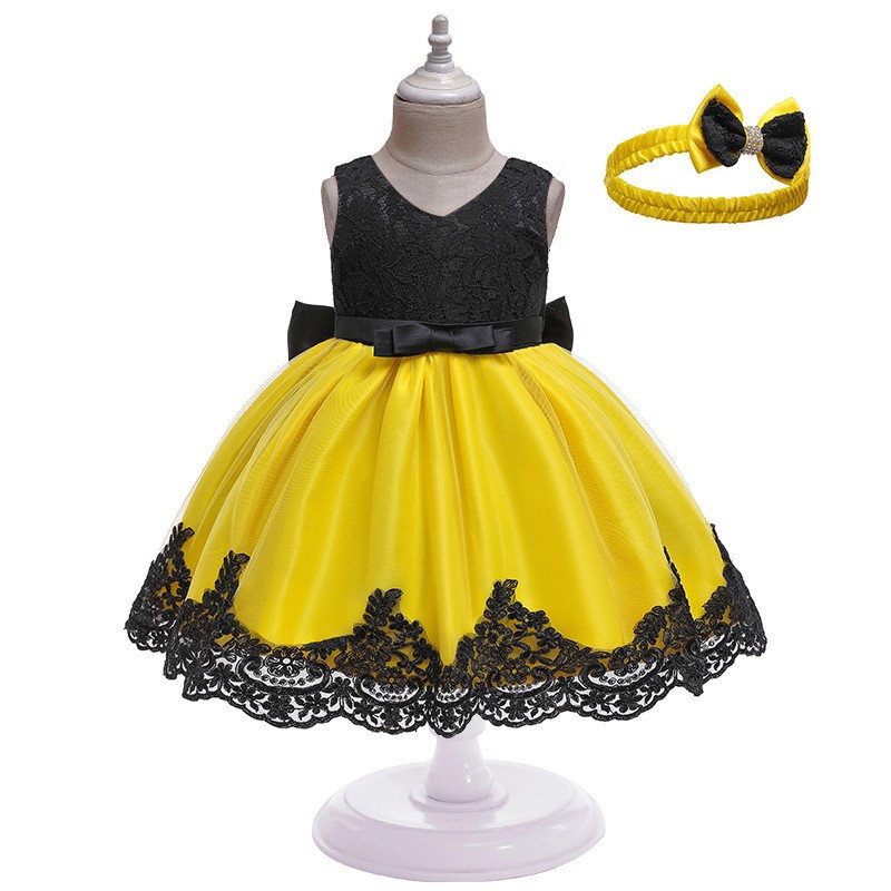 Amazon AliExpress vestido del bebé del bowknot color a juego vestido mullido vestido de malla en stock suministro directo