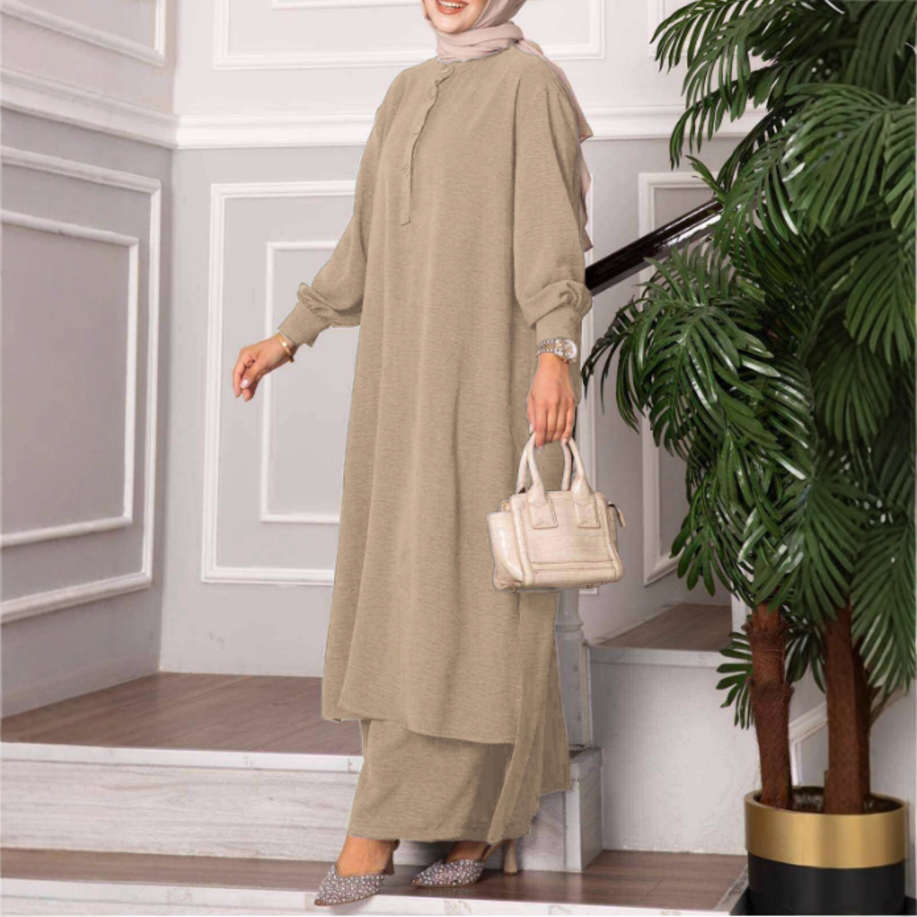 Abito da sera modesto da donna, abbigliamento musulmano ampio, completo casual da donna, top a maniche lunghe con scollo rotondo e bottoni e pantaloni a gamba larga._voghion.com