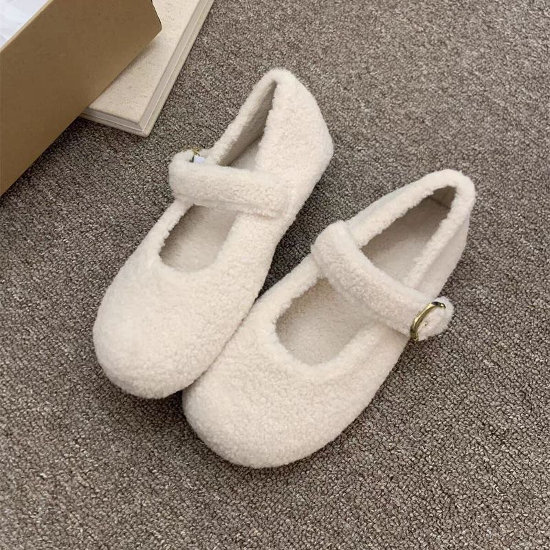 灰色玛丽珍毛毛鞋女冬外穿新款韩版呢子单鞋女平底加绒保暖棉鞋子|undefined