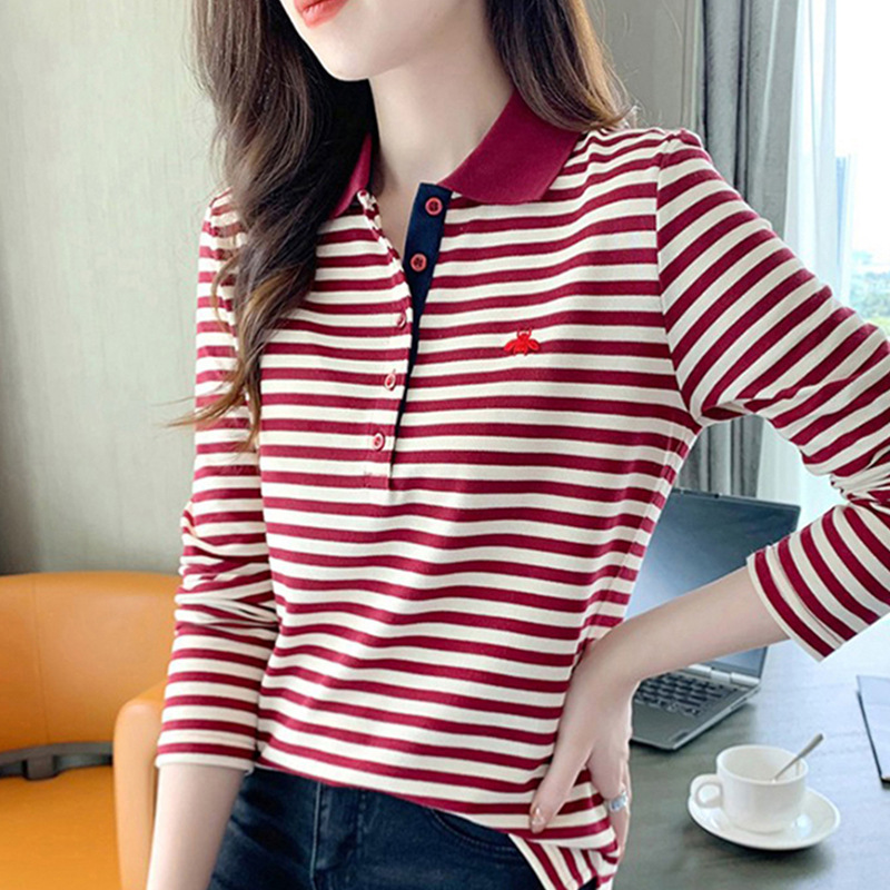 Pure Cotton Lapel Stripesd Long-Sleeved T-Shirt Women's Autumn and Winter Loose Slimming Look Collared Top Sports Casual Outer Shirt Pure Cotton Lapel Stripesd Long-Sleeved T-Shirt Women's Autumn and Winter Loose Slimming Look Collared Top Sports Casual Outer Shirt