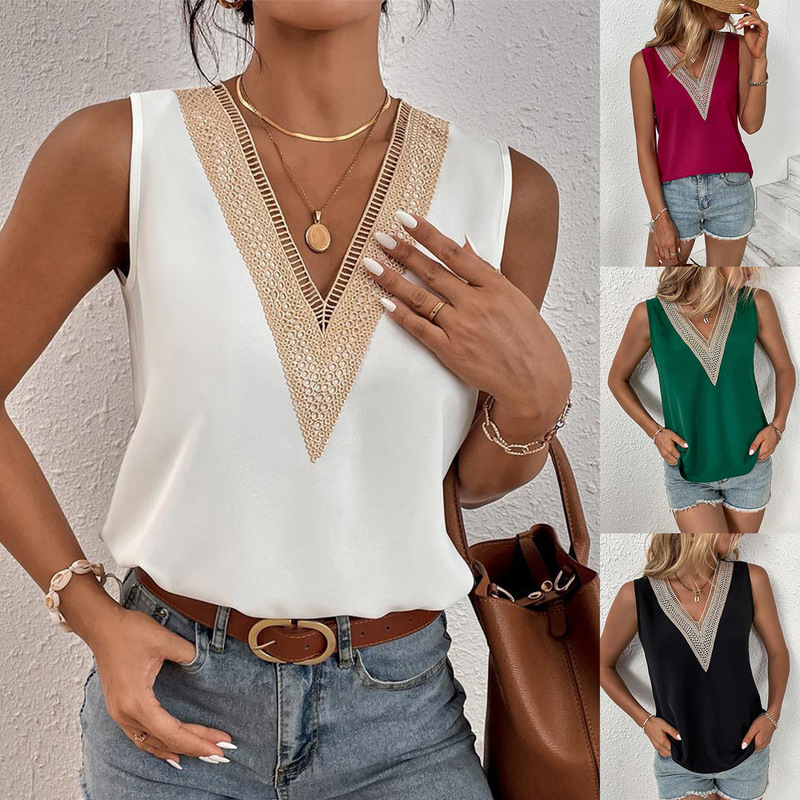 2024 Amazon ebay AliExpress European and American New Sleeveless V-neck Lace Stitching Simple Summer Shirt for Women