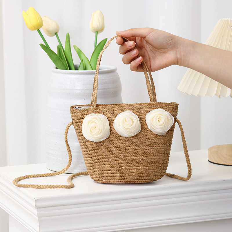 Single Shoulder Strap, Top Handle Strap Type Women's Straw Color Block Flower Vacation Beach Weave Square Zipper Straw Bag