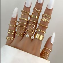 跨境新款开口多关节戒指套装22件套爱心戒指女设计感小众蝴蝶戒指