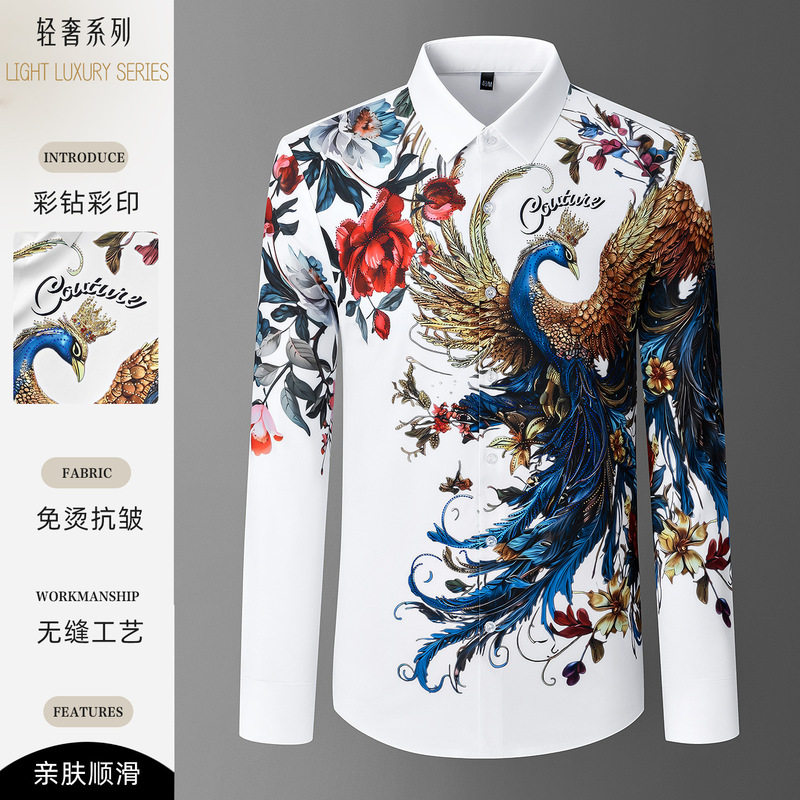 Stretch Bamboo Stretch Bamboo Stretch Bamboo Men's Floral Shirt High-End Men's New Long-Sleeved Shirt Free