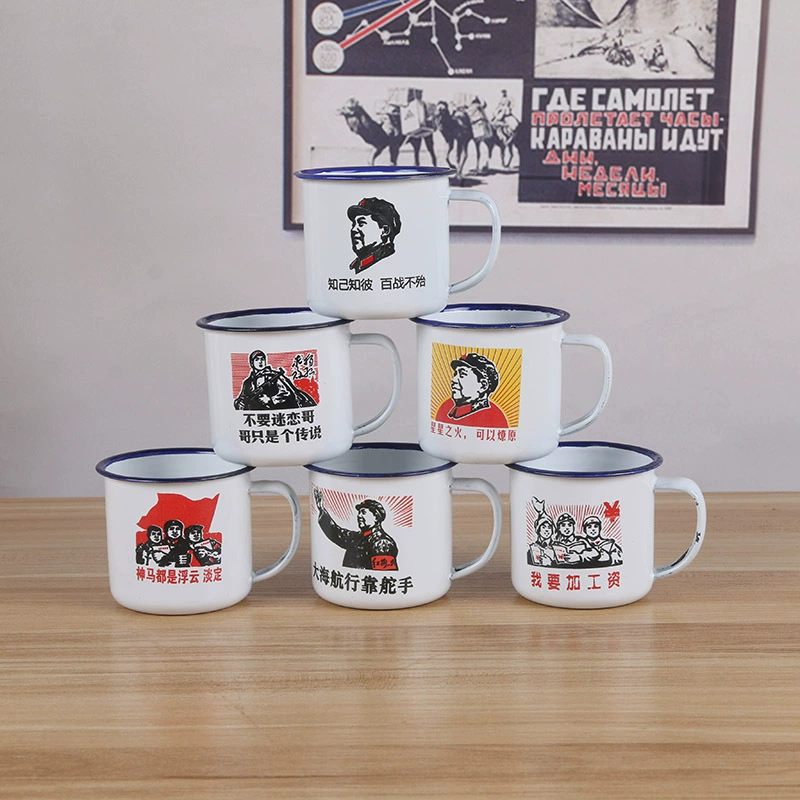 Ностальческий винтажный эмалированный цилиндрический классический стакан с крышкой, рекламный подарочный водный/чайный металл-эмалевый кувшин