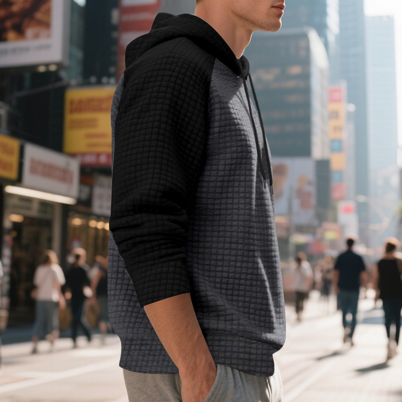 Schweres Kapuzensweatshirt mit Farbblockdesign für Herren, lockere Passform, Pullover mit Kordelzug für lässige Streetwear (Schwarz/Grau, Armeegrün/Beige)_voghion.com