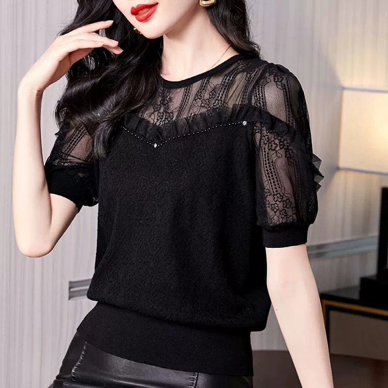 Silk summer lace thin knitted sweater, with short sleeve, oversize