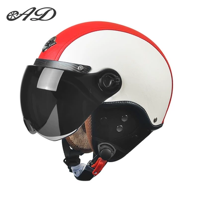 Retro Half Helmet, Summer Cycling – Motorcycle Safety Supplies - 3c-leather-red-detachable-ear-protection-short-sunshade-one-size-fits-all-suitable-for-head-circumference-55-62