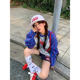 美式狗狗复古面料撞色广州纯棉季2026插肩长袖t恤女秋图片色全球