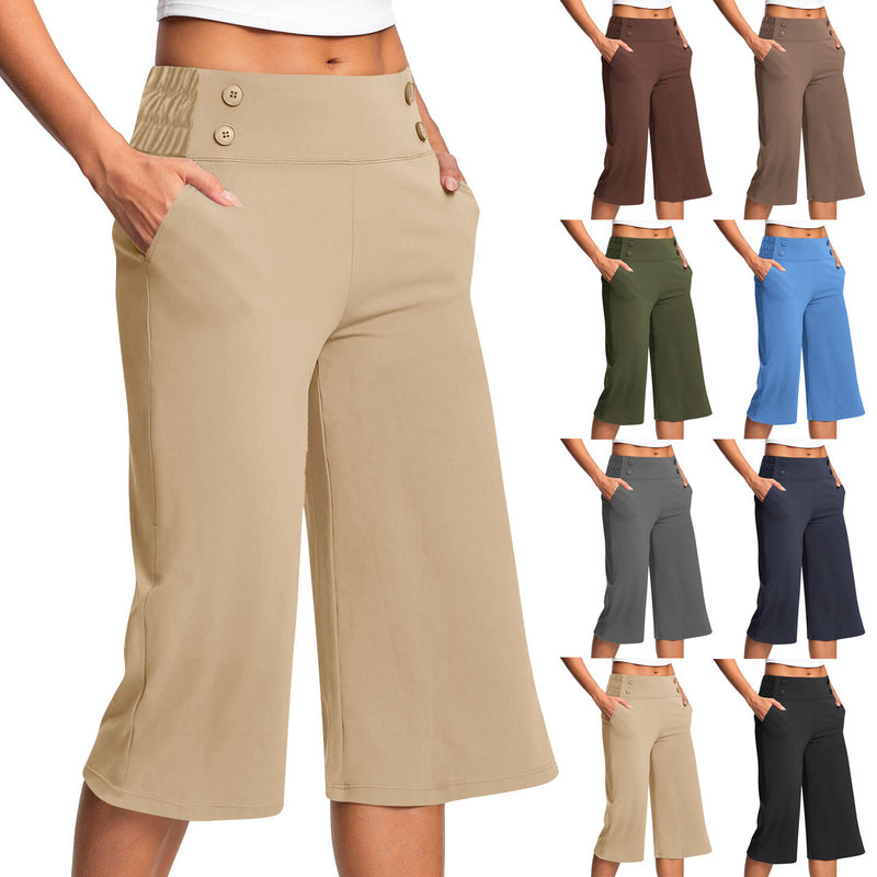 European and American Cross-Border New Women's Elastic Comfortable Fitness Wide-Leg Pants Yoga Cropped Pants Solid Color Work Pants Casual Pants