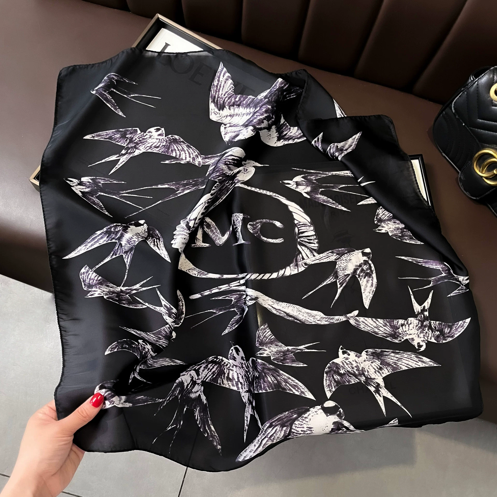 Silk retro fashionable handkerchief, scarf, 2023