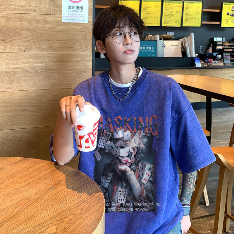 Camiseta de manga corta de algodón de la marca de moda de la calle alta estadounidense para hombres verano retro marea casual lavado viejo media manga guapo camiseta