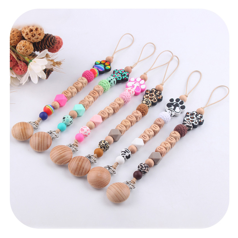 Nuevo clip de pezón de haya para bebé, dibujos animados, animal, garra de perro, cuentas de silicona, nombre de bebé de bricolaje, cadena de pezón, cadena anti-caída