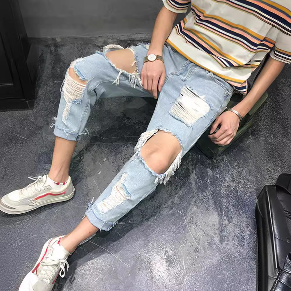Spring and Summer Big Ripped Nine-point Jeans Men's Loose Beggar Straight Trendy Brand Thin Couple Looped Nine-point Pants