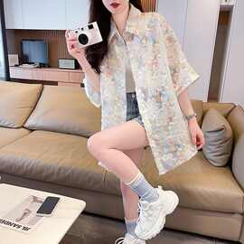 2025年夏季新款美式复古流苏花卉薄款印花满印短袖宽松显瘦衬衫女