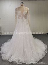 2021年冬季欧美气质A摆中拖尾长袖v领时尚新娘结婚亮片婚纱