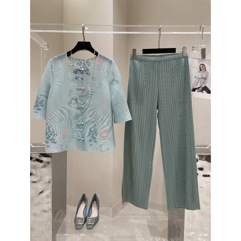 Весна/Лето 2025 Miyake Плиссированная Серия Китайский Стиль Пейзажный Принт Утягивающий Оверсайз Эластичный Элегантный Модный Костюм.