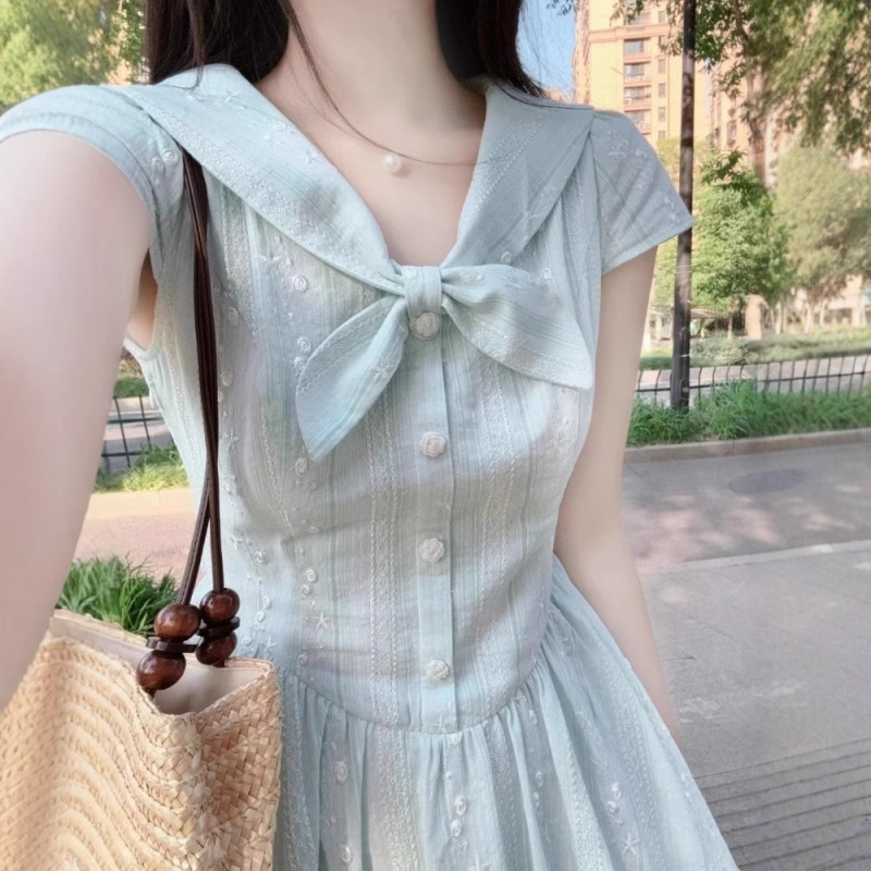 女性のための小さな新鮮なブルーネイビーカラー半袖ドレス 2025 夏美しいハイエンドピンチウエスト A ラインロングドレス|undefined