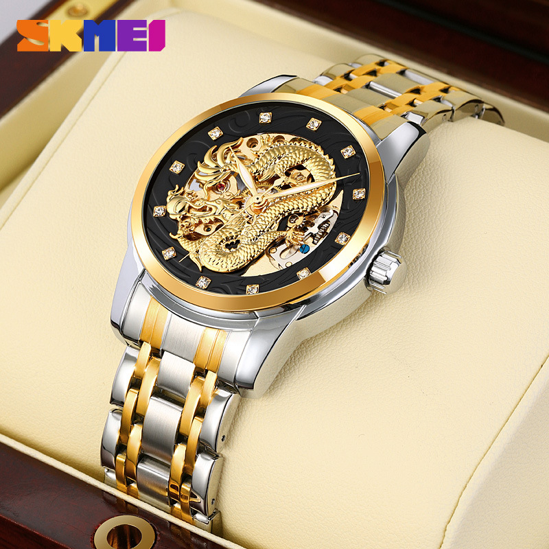 Momento de belleza en relieve de oro dragón penetrante reloj mecánico con diamante correa de acero impermeable reloj de hombre comercial personalizado transfronterizo al por mayor