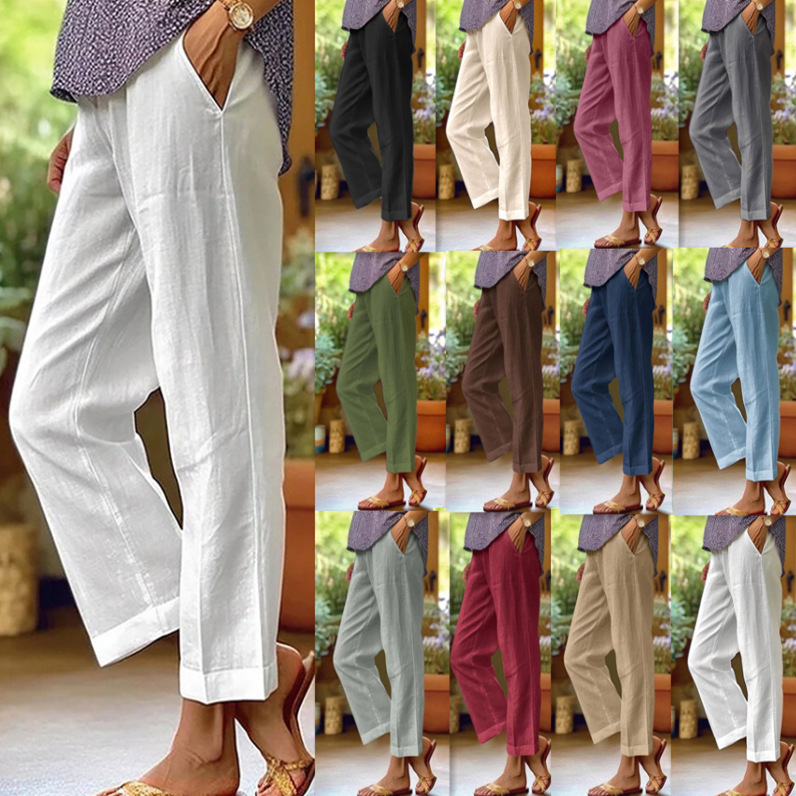 2024 Cross-Border Amazon Wish Independent Station Women's Cotton and Linen Loose Pure Color Elastic Waist Flap Pocket Pants Straight Casual Pants