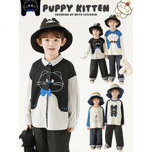 吾里卜一 男童2025秋季新款撞色长袖圆领卡通T恤翻领宽松休闲衬衫