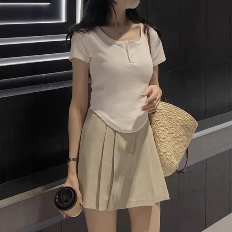 设计感小众方领短袖t恤女韩版别致不规则弧形体恤夏季半开领上衣|undefined