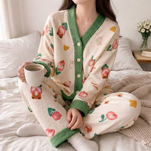 睡衣女款春秋冬季纯棉长袖加厚夹层家居服卡通薄款夹棉空气棉套装
