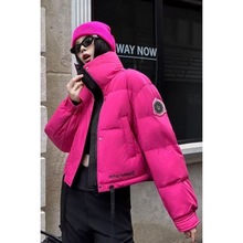 潮牌字母撞色2025新款冬季棉服女短款立领百搭减龄抽绳面包服外套