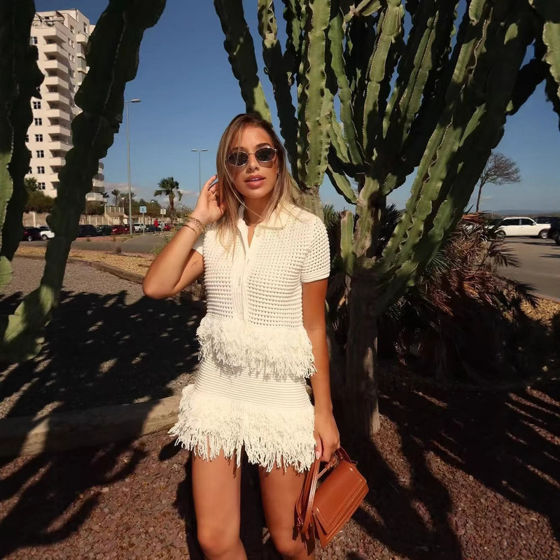 Cross-Border European and American Women's Clothing Aliexpress Ins Tassel Short-Sleeved Knitted Jacket + High-Waisted Mini Skirt Set