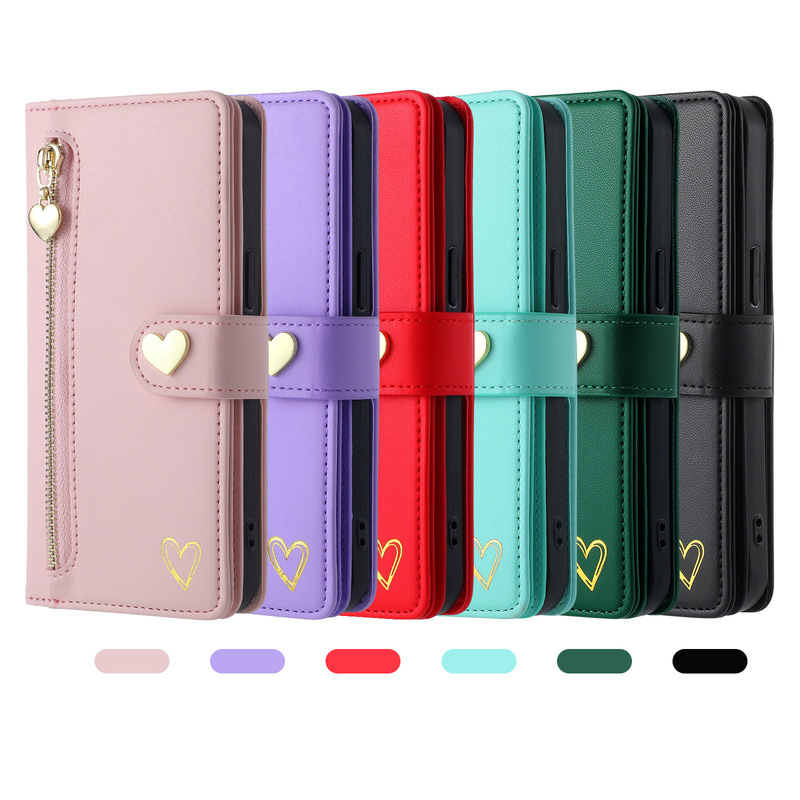 Foreign Trade Suitable Iphone17 Luxury Heart Zipper Case Samsung S25U Wallet Card Holder Flip Cover Socialite Leather Case Foreign Trade Suitable Iphone17 Luxury Heart Zipper Case Samsung S25U Wallet Card Holder Flip Cover Socialite Leather Case