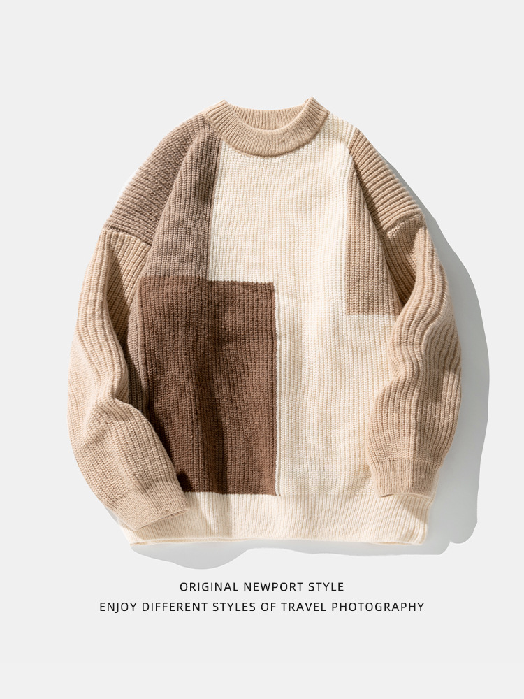 Suéter texturizado con bloques de color y diseño patchwork para hombre, nuevo estilo japonés de otoño e invierno, suéter grueso de punto de marca a la moda y holgado.