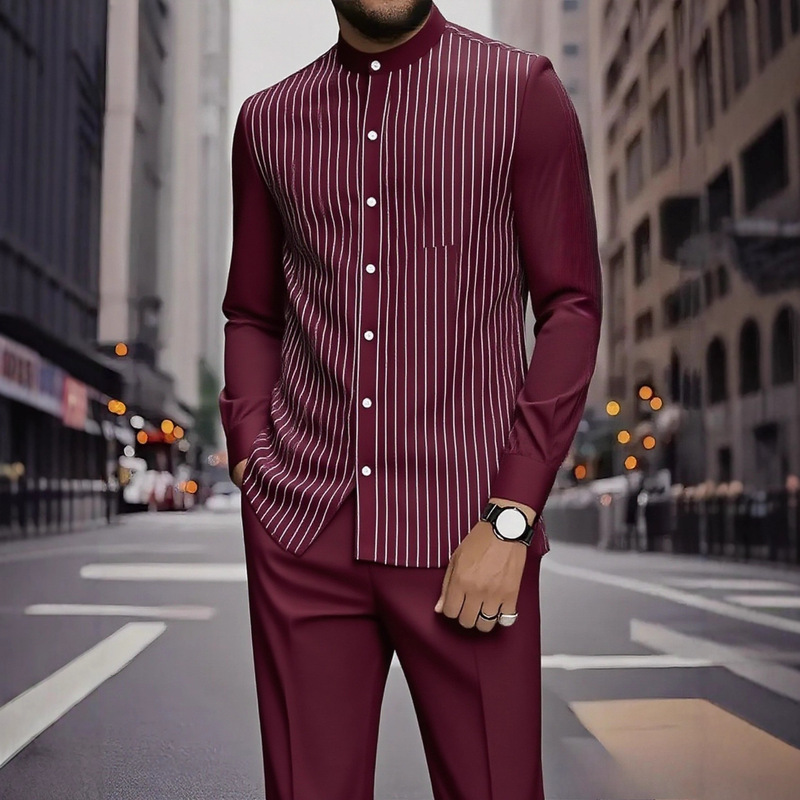 European and American Export 2025 New Men's Casual Trendy 3D Printed Ethnic Style Stand-Up Collar Shirt Long-Sleeved Pants Suit