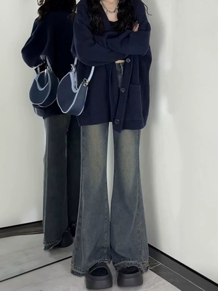 Летние женские джинсы bootcut в стиле ретро, новый стиль для полных девушек с грушевидной фигурой, утягивающие расклешенные брюки с высокой талией и необработанными краями.