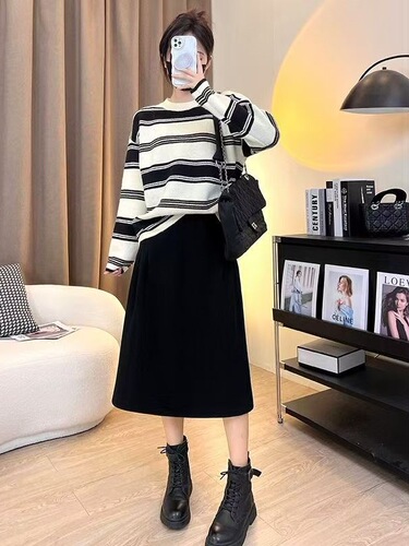 Large size spring and autumn new all-matching slimming skirt, fat high waist covering the belly, loose casual mid-long skirt