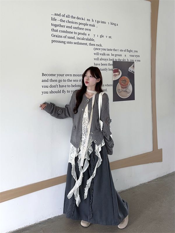 慵懒风套装复古立体花朵针织毛衣外套叠穿背心休闲裤春秋女三件套|undefined
