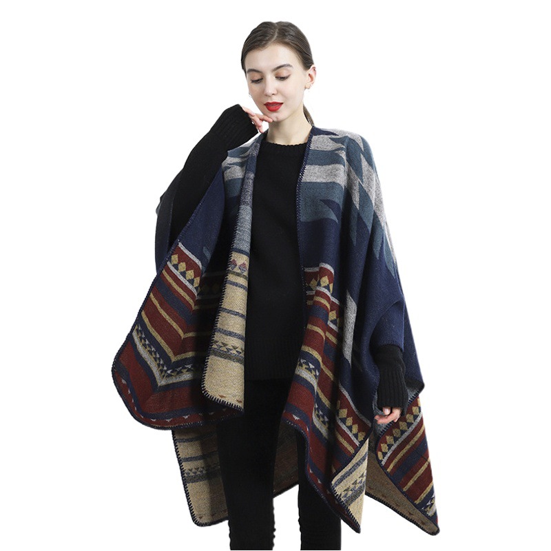 Cross-Border European and American 2026 Ethnic Style Split Hem Large Shawl Cape Retro Fashion Simple Shawl Blanket Direct Source Supply